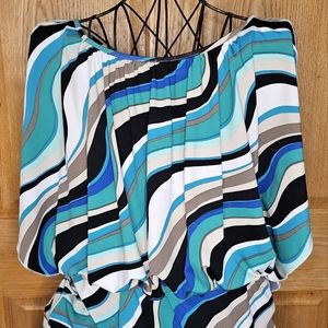 Jonathan Martin Dress. Wavy design, greens & blues, stretchy, large. Sleeveless.